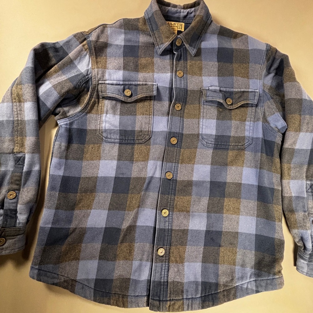 Duluth Trading Fleece Lined Flannel Shirt Jacket Blue Plaid Snap Men MEdium‎
